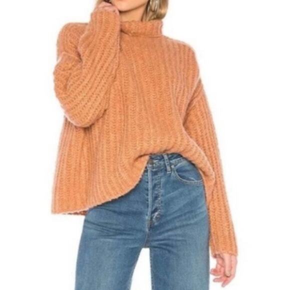 FREE PEOPLE CHUNKY ALPACA WOOL BLEND TURTLENECK SWEATER PAPAYA ORANGE KNIT COZY - Picture 1 of 12